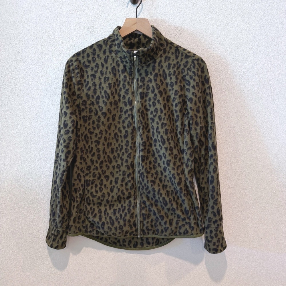 OLD NAVY Womens Fleece Jacket M Olive Leopard Print Full Zip Mock Neck Active